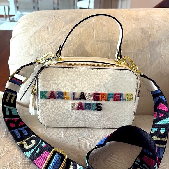 NWT Karl Lagerfeld Simone Lunchbox Double zip Crossbody Bag pebble white leather - Picture 16 of 17